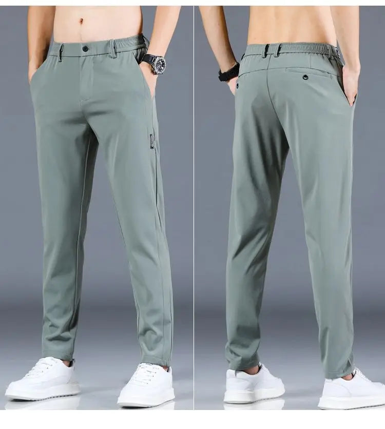 Ice silk men's pants 2025 summer new black gray thin business casual pants outdoor elastic breathable straight leg sports pants