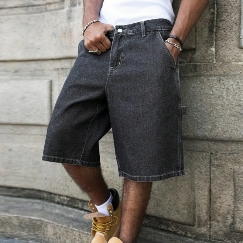 Men's Summer Black-Grey Loose Baggy Denim Shorts