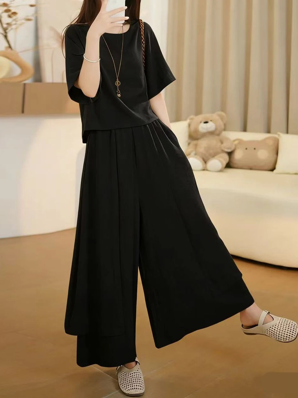 Fashionable Summer Outfit Women's Slimming Short Sleeve T-Shirt Skirt Pants Drapey Casual Meat Concealing Two-Piece Set