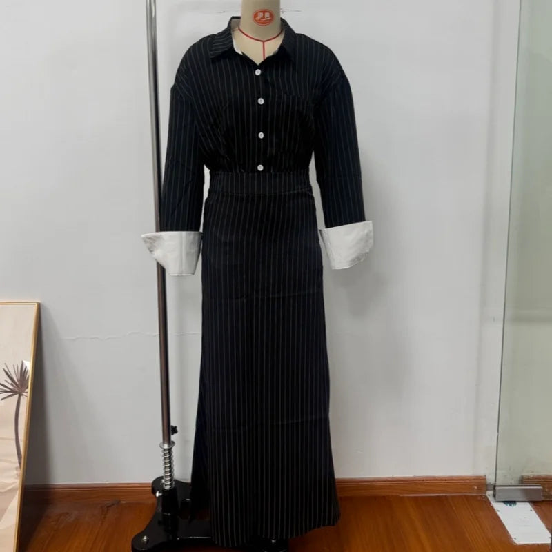 Sexy Striped Skirt Set Women Lapel Single-breasted Shirts Pleated A-line Skirts 2026 Spring Summer Office Lady 2 Pieces Outfit