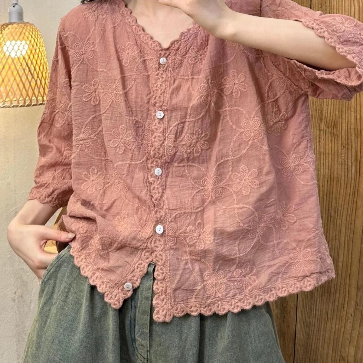 Summer Thin Casual Loose Lace Cotton Shirts Cardigan Women Long Sleeve Button Up Floral Embroidery Top Vintage Boho Style Blouse