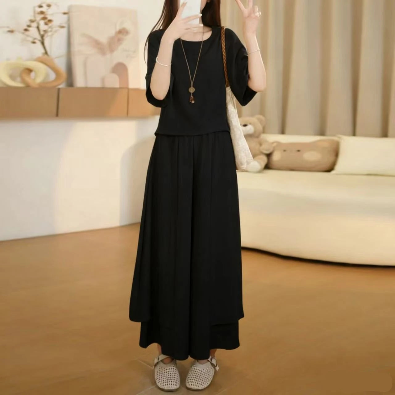 Fashionable Summer Outfit Women's Slimming Short Sleeve T-Shirt Skirt Pants Drapey Casual Meat Concealing Two-Piece Set