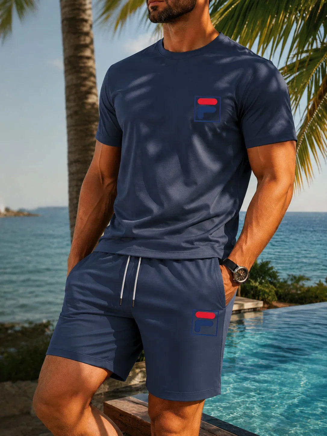Men's Printed Two-piece Set, Casual Short Sleeved T-shirt and Drawstring Shorts Set, Men's Summer Breathable Street Sportswear