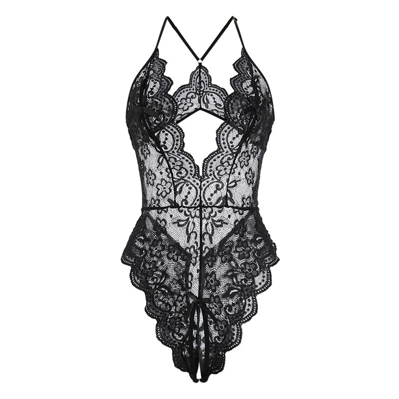 Lenceria Mujer Sexi One Pieces Open Bra Underwear For Sex Women Blue Deep V Crotchless Lingerie Sets Lace Transparent Bodysuits