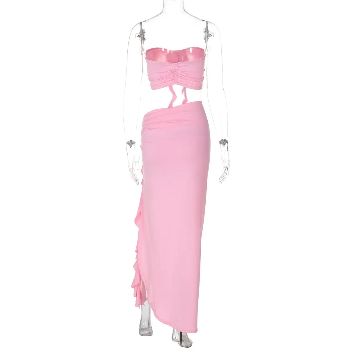 Women's Elegant Two Pieces Dresses Suits Flower Corset Top and High Slit Long Skirts Matching Sets Red Pink Vacation Outfit 2026