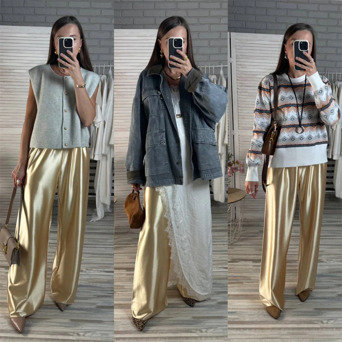 Satin Wide Leg Pants Long Floor Casual Pants Women's Summer