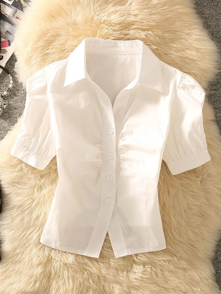 Cropped Summer Shirts Women Simple Office Lady All-match Solid Sweet Short-sleeve Design Chic Young Y2k Tops Popular Slim Preppy