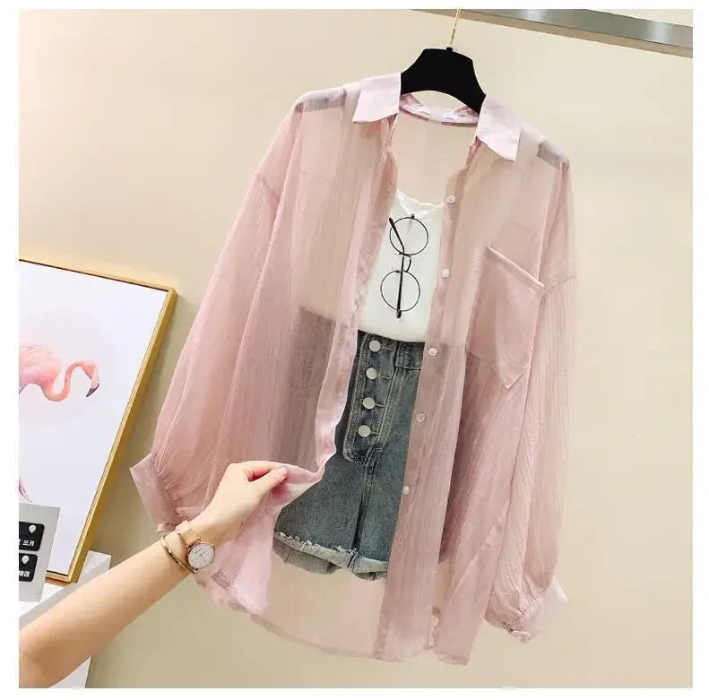 Summer Women's Elegant Chiffon Sunscreen Shirt Korean Harajuku Style See-Through Loose Blouse Thin Perspective Cardigan Yk2 Tops