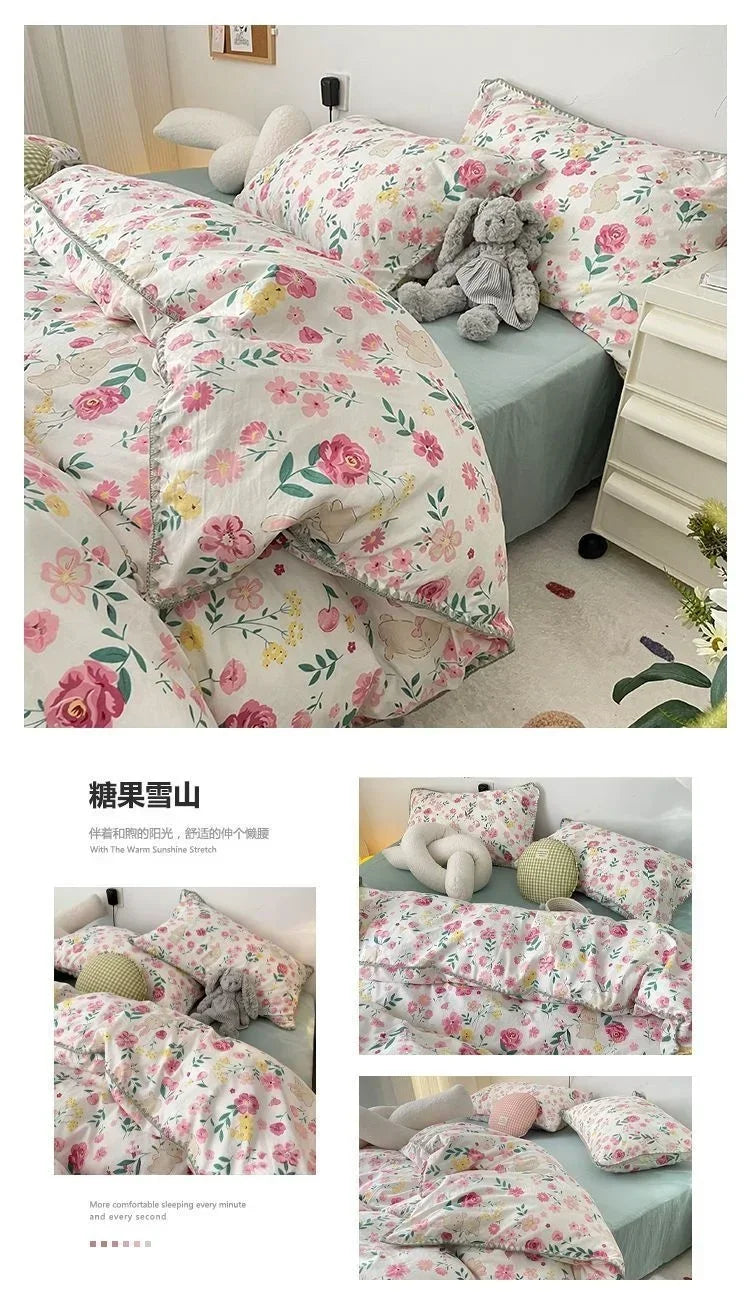 Bedding Set  Girls Cherry  Soft Washed Cotton Bed Sheet Queen King Size Duvet Set  Comforter Set Pillowcase Bed Linens