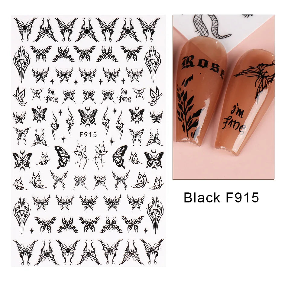 1PCS Black White Butterfly Laser Nail Stickers Y2K Nail Art Decoration Abstract Lines Bronzing Flowers Stickers For Nails