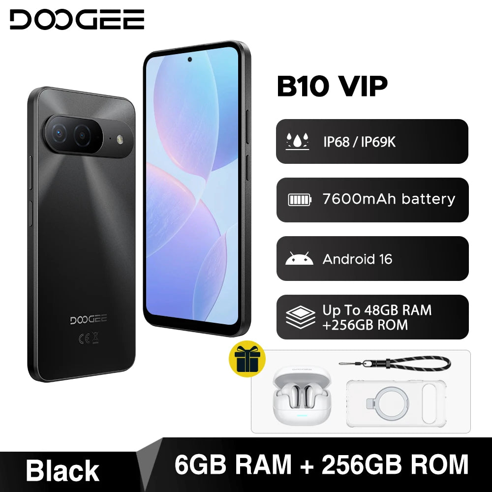 Global Version DOOGEE B10 Smartphone Android 16 7600mAh Battery 6GB 256GB 6.6'' Display 64MP AI Camera IP68 / IP69K Mobile Phone