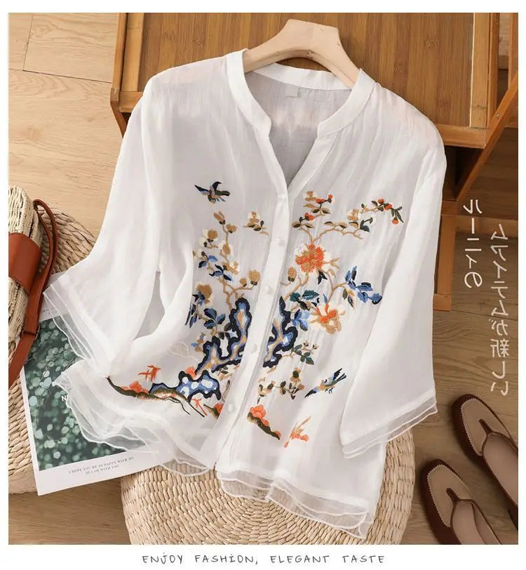 Luxury Embroidery Vintage Shirts Summer Women's Clothing Trends Tops Casual Cardigan Loose Short Coat Patchwork Buttons Blouses
