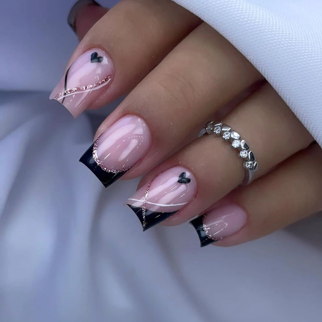 ARTAUG 24PCS Medium Ballerina Pink Nails Black French Tip Press On Nails Press On Nails Love Design Summer Nails Tipsy Cute Nail