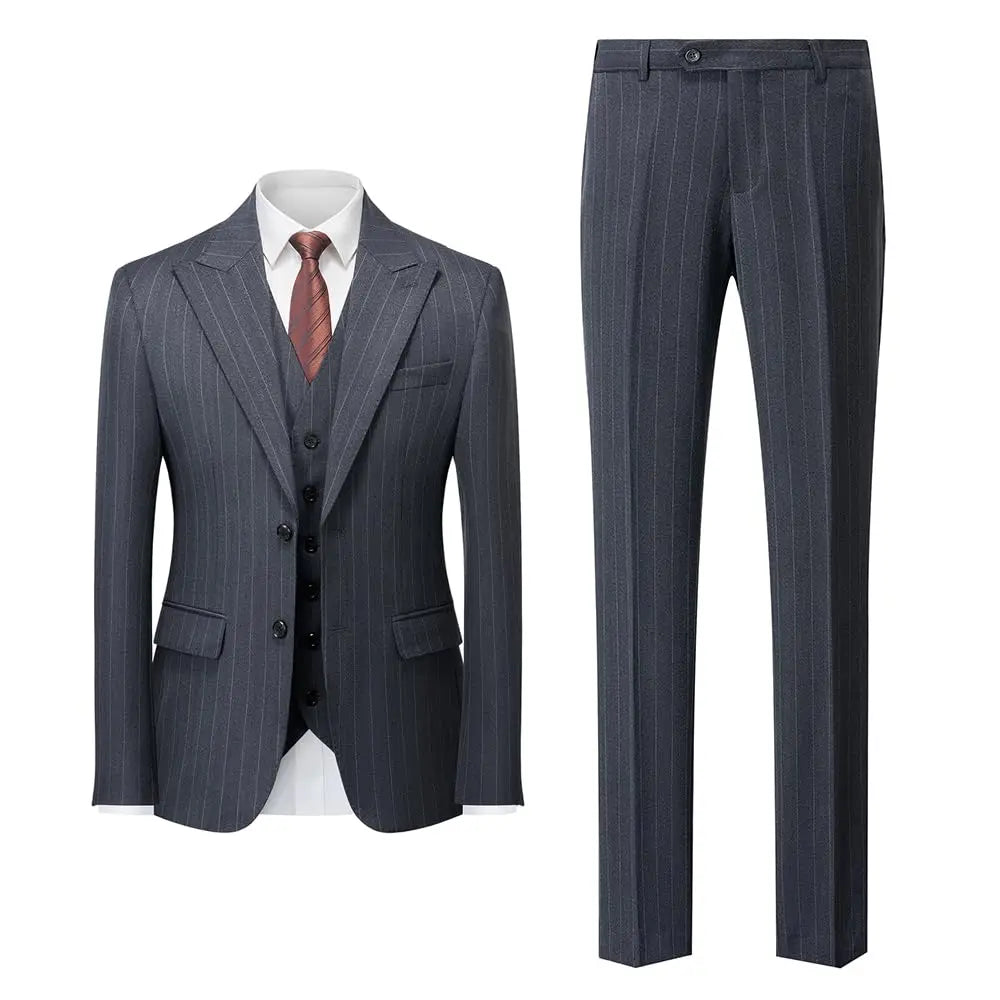 Men's 3-Piece Slim Fit Stripe Suit Blazer Jacket Vest Pants Set | Wedding Tuxedo Formal Business Prom Party US Size XXS-3XL