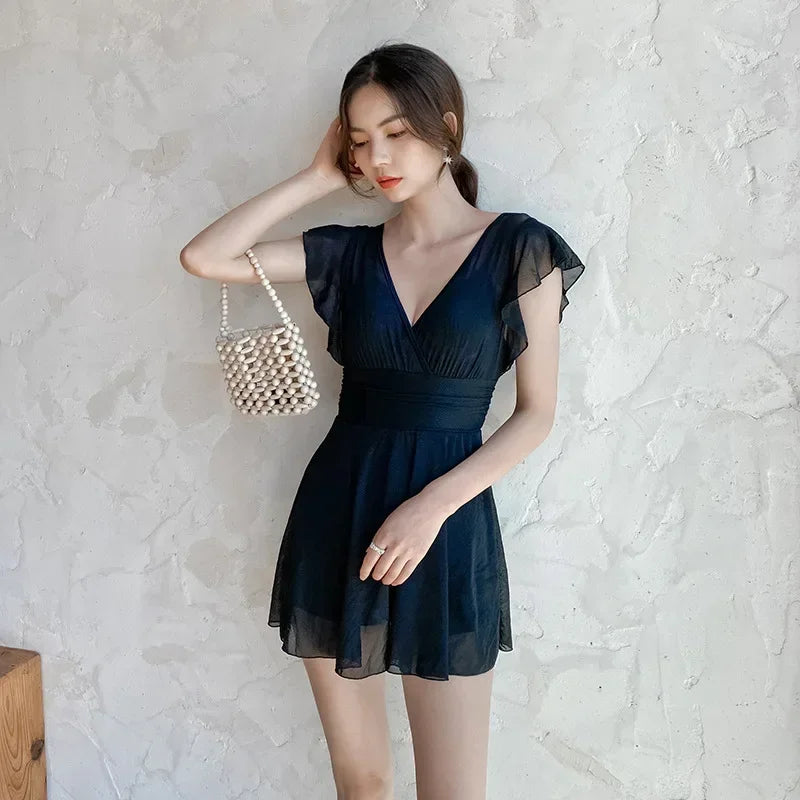 2026 New Swimsuit One-piece Swim Suit Sexy V Neck Swimwear Hot Spring Beach Bathing Skirt Dress Women