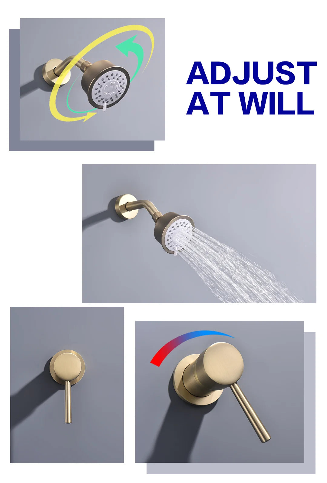 High Quality Brushed Gold Wall Mounted Bathroom Shower Mixer Brass Faucet Hot Cold Water Mixer Tap ABS Head Rainfall Shower Set
