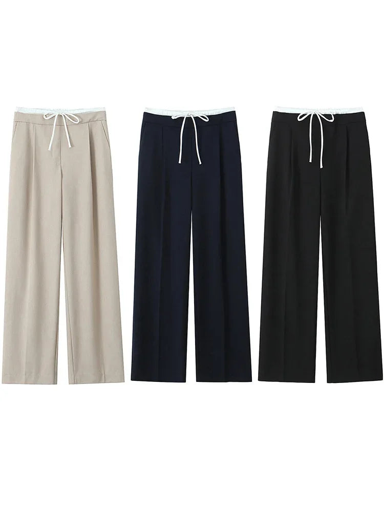 Willshela Women Fashion Solid Lace Up Side Zipper Straight Pants Vintage High Elastic Waist Female Chic Lady Trousers