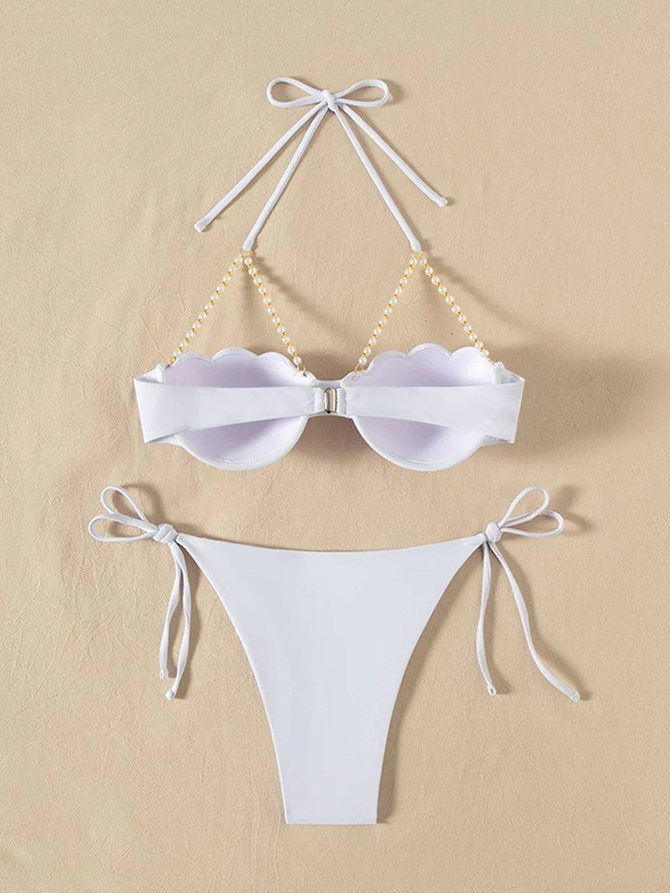 Solid String Pearls Bikini Women Push Up Sea Shell Swimsuit Ruffle High Waist Swimwear Female Bathing Swim Suit Bather Beachwear