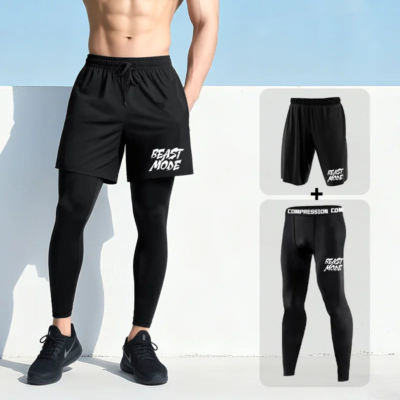 Men's 2-Piece Compression Pants Set with Shorts & Tights Quick Dry Athletic Sportswear for Gym Workout Running Fitness
