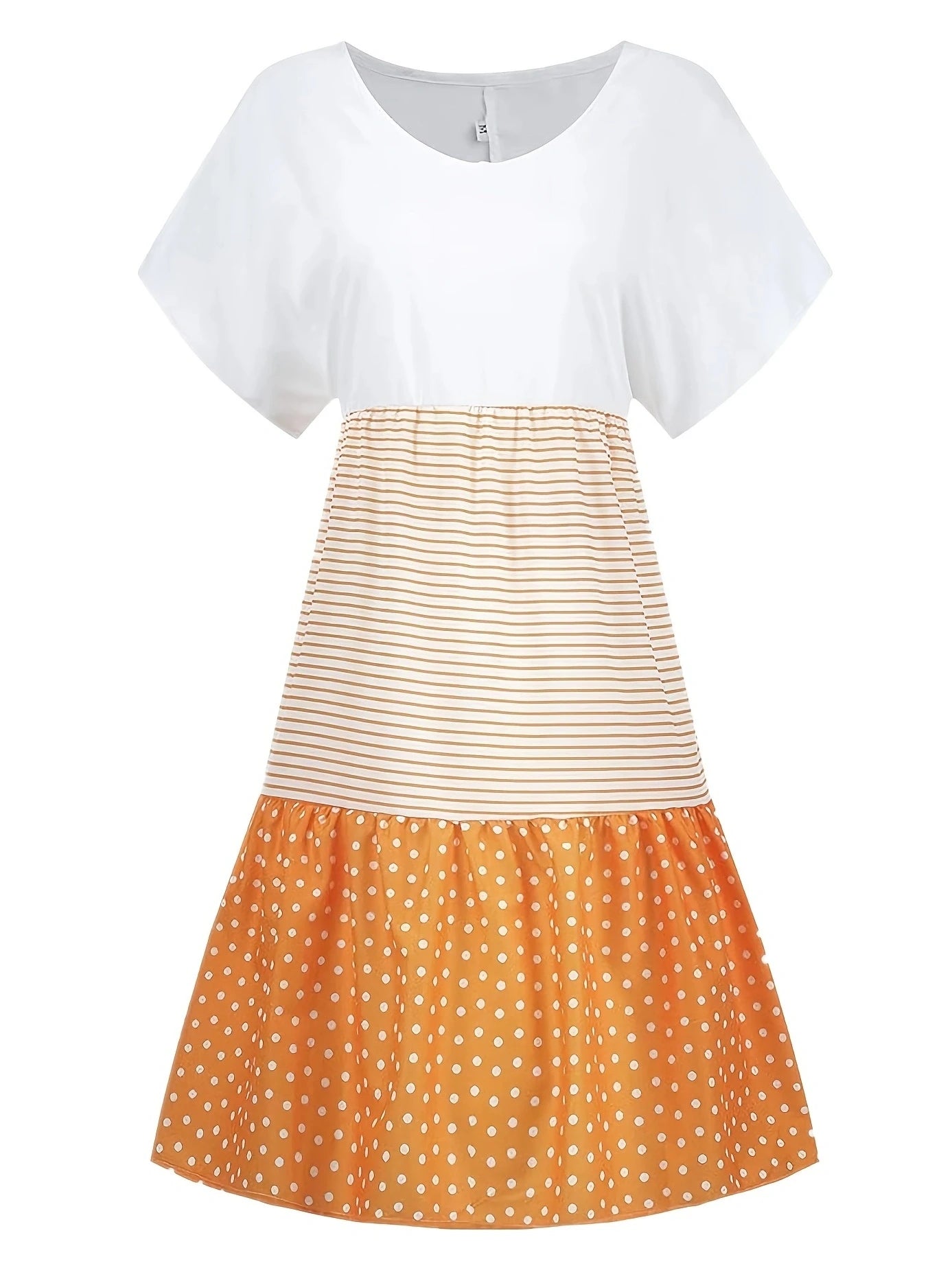 Summer-Essential V-Neck Dress: Striped & Polka Dot, Knee-High Casual Tunic for Women - Durable,Easy-Care Fabric