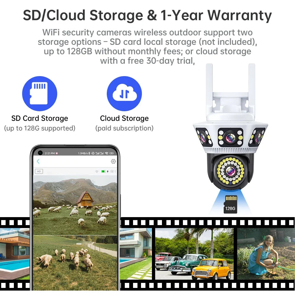 Smart Home WiFi Camera 6K Three Screen Security Camera Outdoor Security Protection Auto Tracking Camara 4K Yoosee CCTV Camera