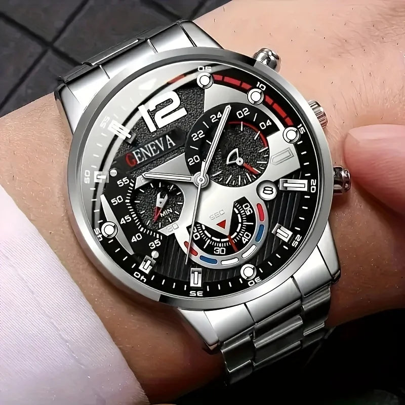 8-piece men's quartz watch set, featuring a black circular dial, bracelet, necklace, and ring