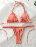 2025 Yearly Bikini Swimsuit Women's Separate Strap Pure Color Fabric Chest Pad Gathered Casual Beachwear Swimwear Set