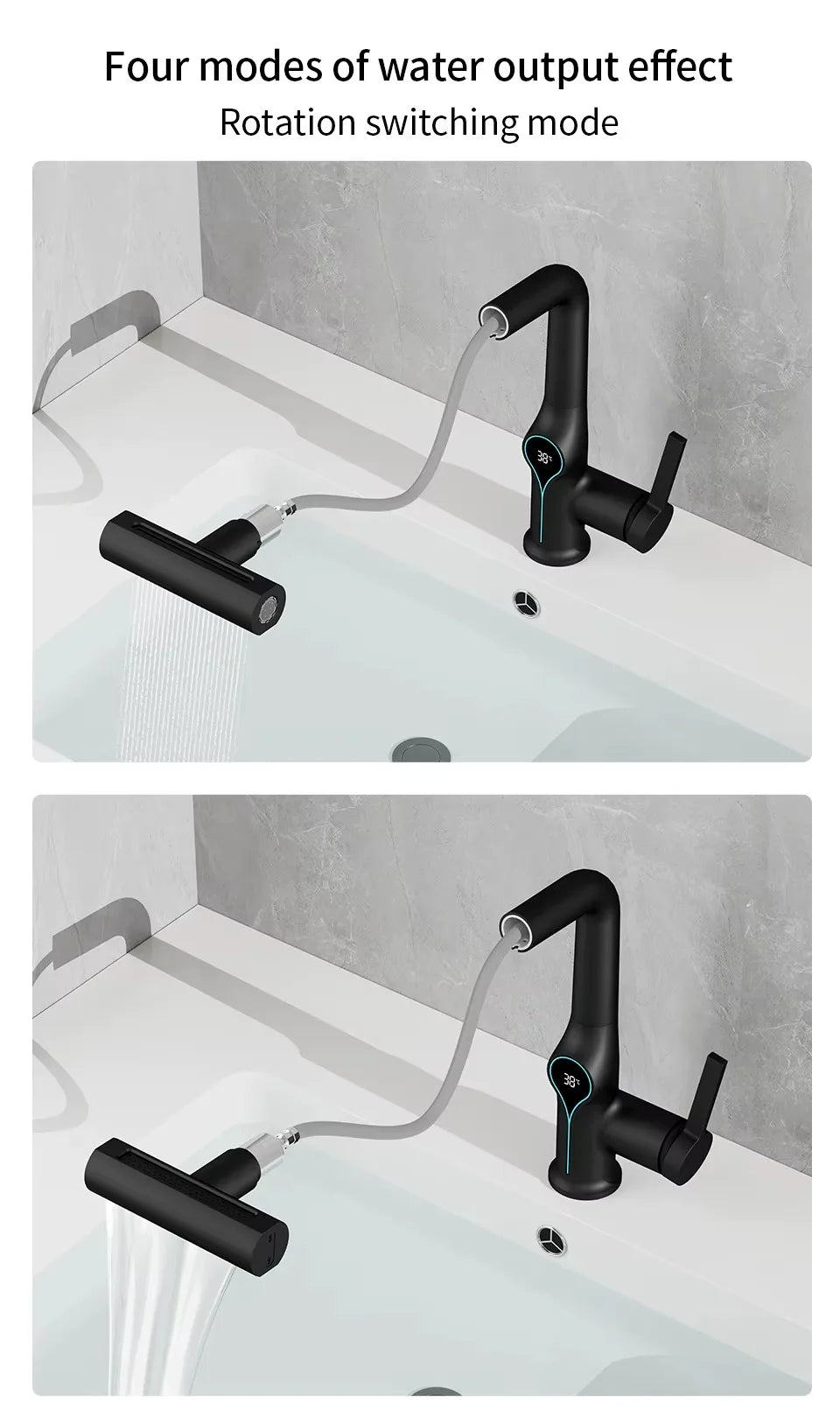 Lift Up Down Stream Sprayer Hot Cold Water Sink Mixer Wash Tap For Bathroom Waterfall Temperature Digital Display Basin Faucet