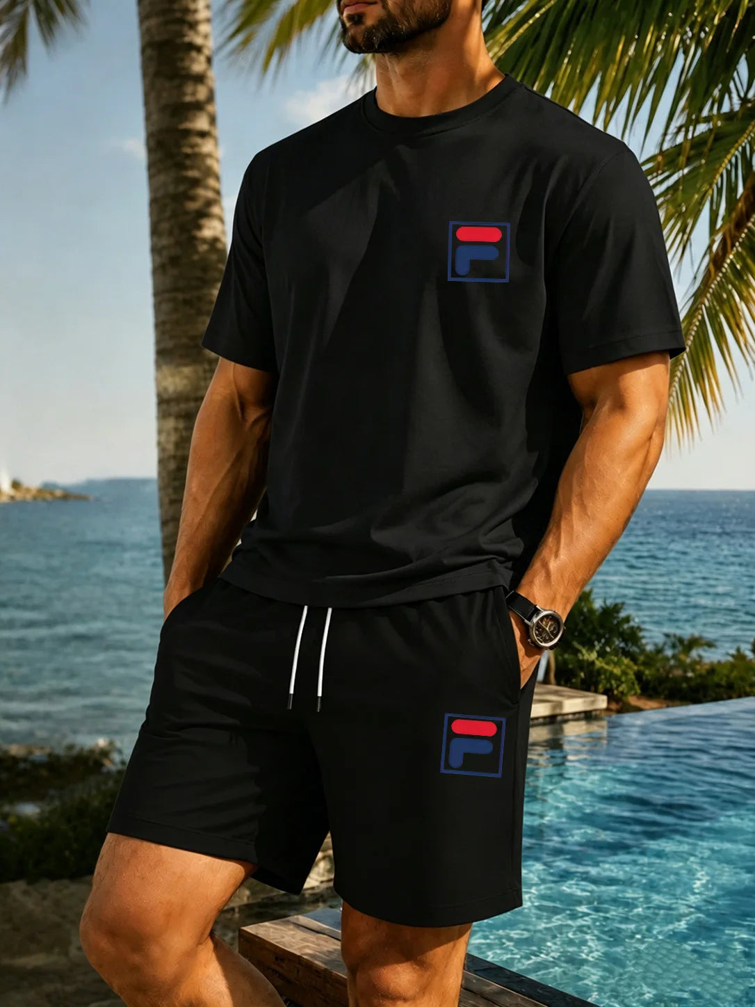 Men's Printed Two-piece Set, Casual Short Sleeved T-shirt and Drawstring Shorts Set, Men's Summer Breathable Street Sportswear