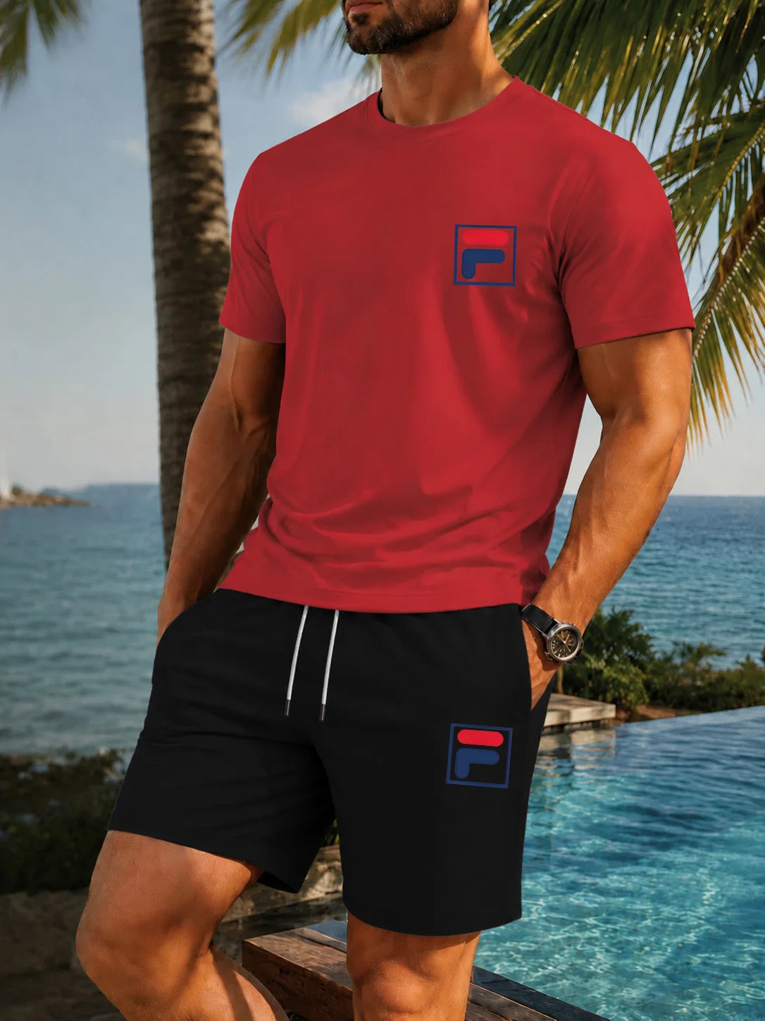 Men's Printed Two-piece Set, Casual Short Sleeved T-shirt and Drawstring Shorts Set, Men's Summer Breathable Street Sportswear