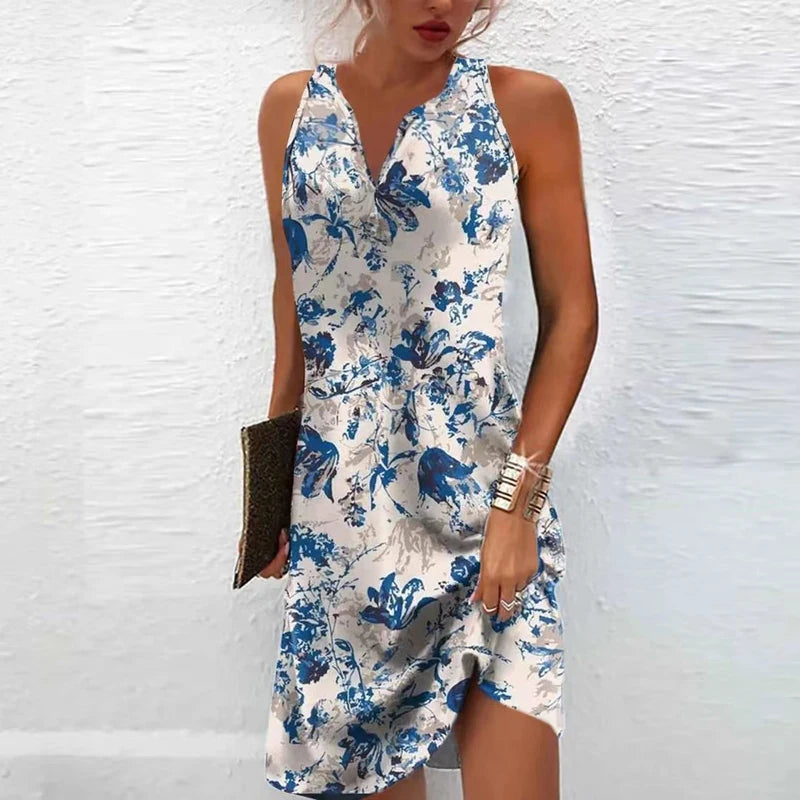Summer Beaded Dresses for Women 2023 Fashion Stitching V Neck Loose Bohemian Vacation Basic Sleeveless Party Dresses Vestidos