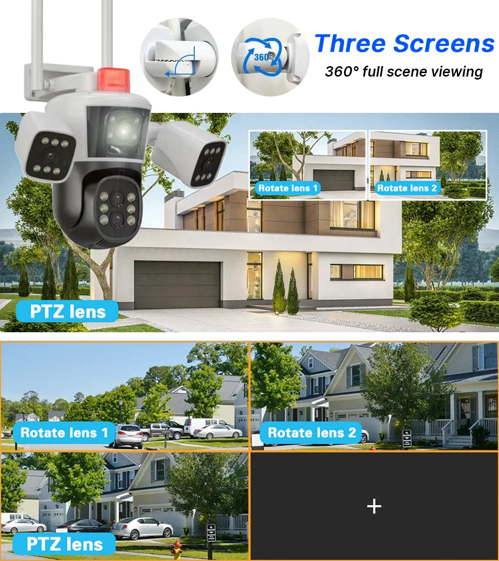 Smart Home WiFi Security Camera 16MP 8K HD Video CCTV Surveillance IP Cameras Outdoor 360° Wireless 4-Lens 3-Screen Camera