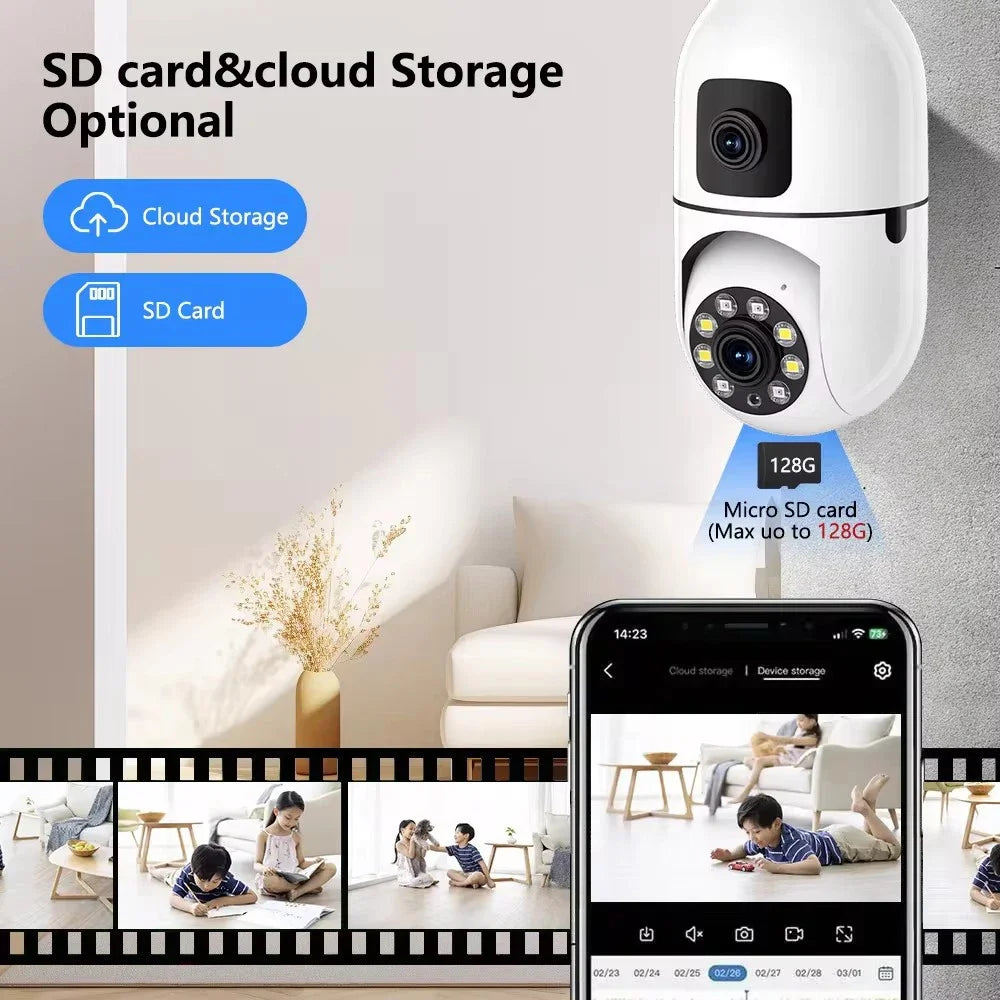 CCTV Security Camera with Dual Lens, PTZ Camera, Night Vision, Human Detection, Wi-Fi, Smart Home, 6MP Bulb, 2.4Ghz