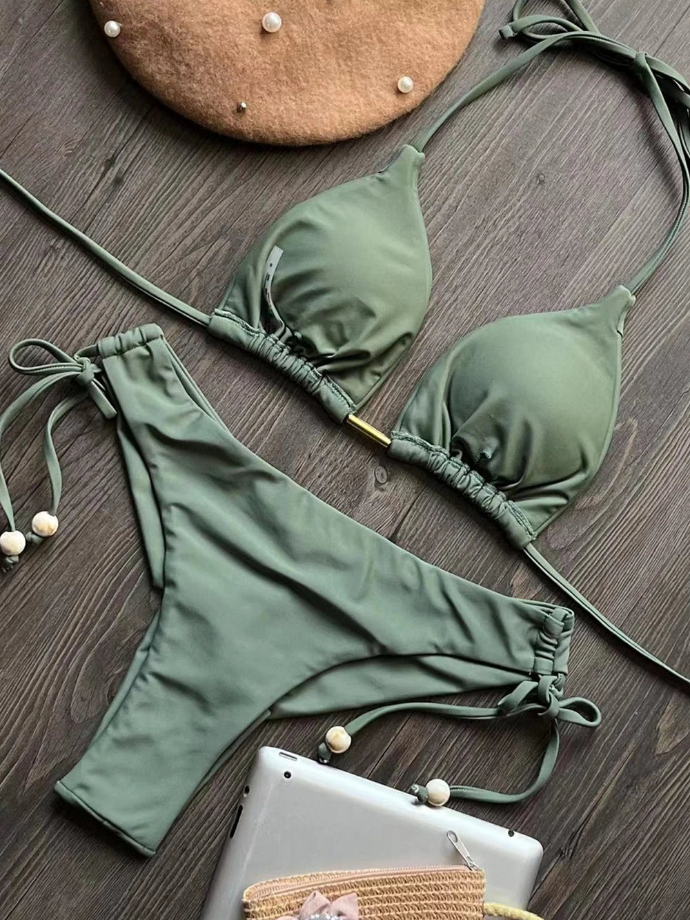 Solid color bikini set 2026 women's new swimsuit 2-piece set bead neck hanging bikinis summer beach Swimwear