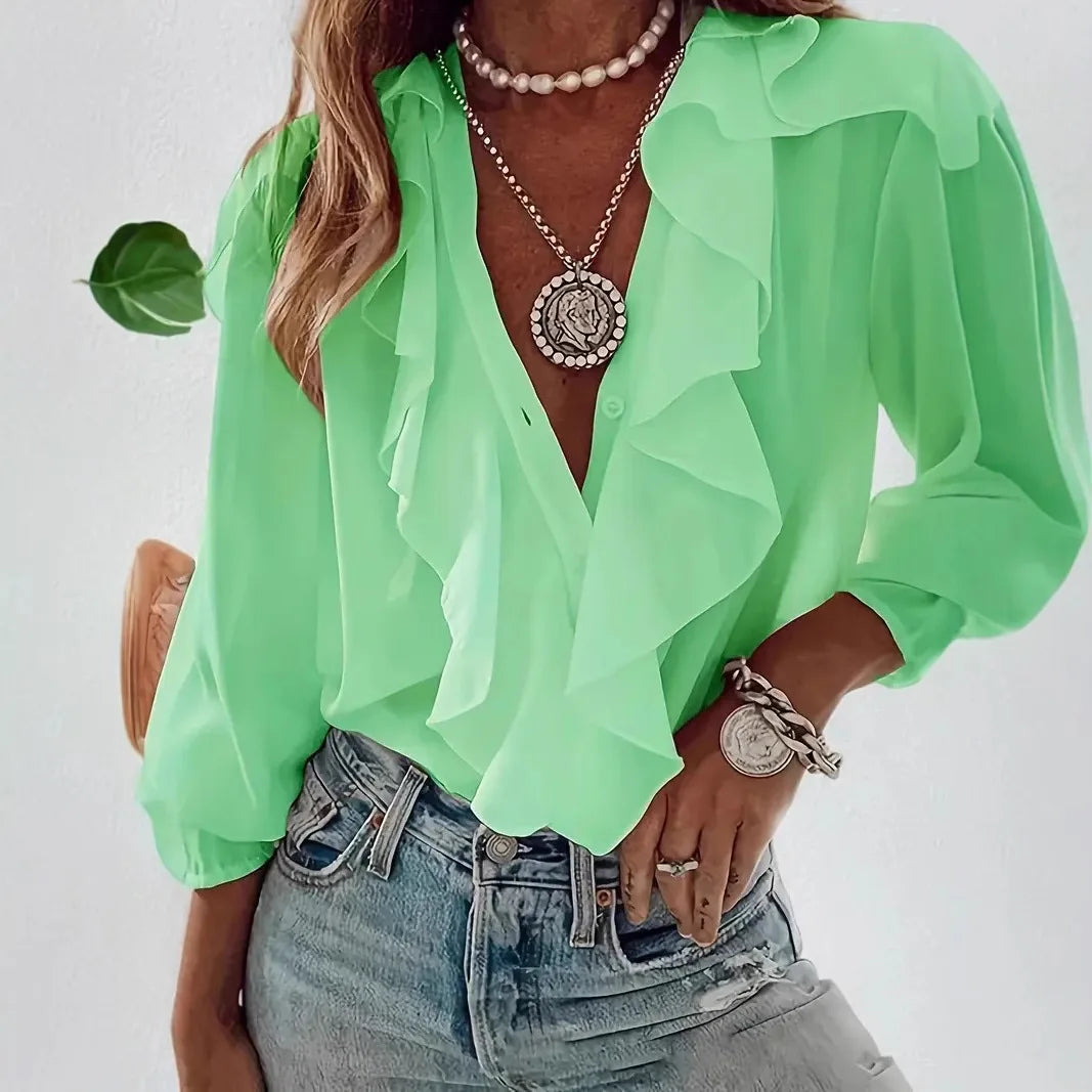 Fashion Ruffles V-neck Blouse Women 2024 Summer Casual Long Sleeve Solid Color Shirts Blouses Tops Femme
