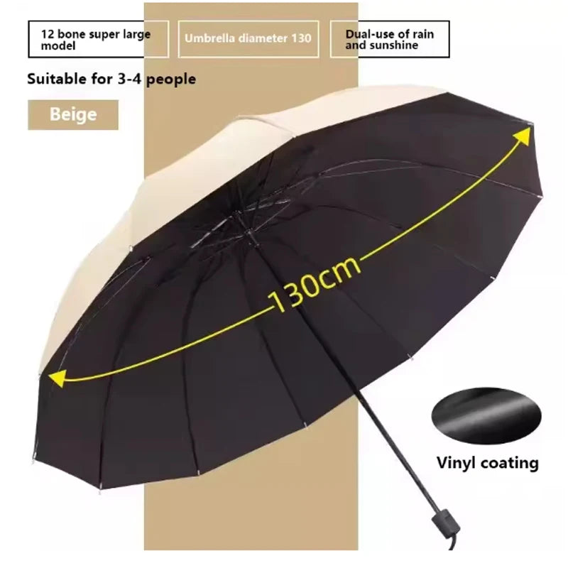 Extra Large 12-Rib Reinforced Umbrella Windproof UV Protection Heavy Rain Compact Fold Design 130cm for Sun And Rain