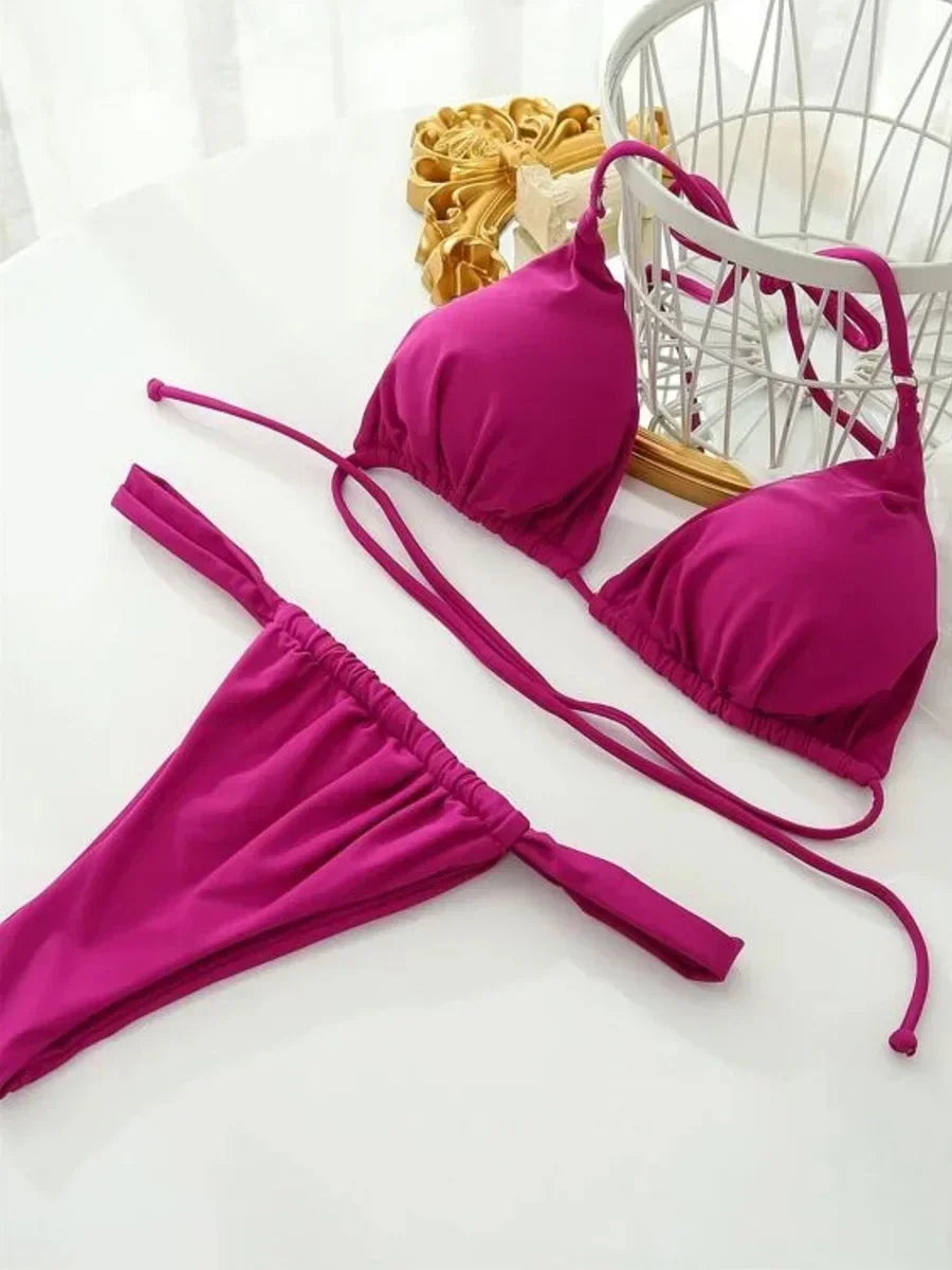PU Pleated Ruched Bikinis Mini Micro Thong Bikini Women Swimwear Female Swimsuit Two-pieces Bikini Set Halter Bathing Suit Swim