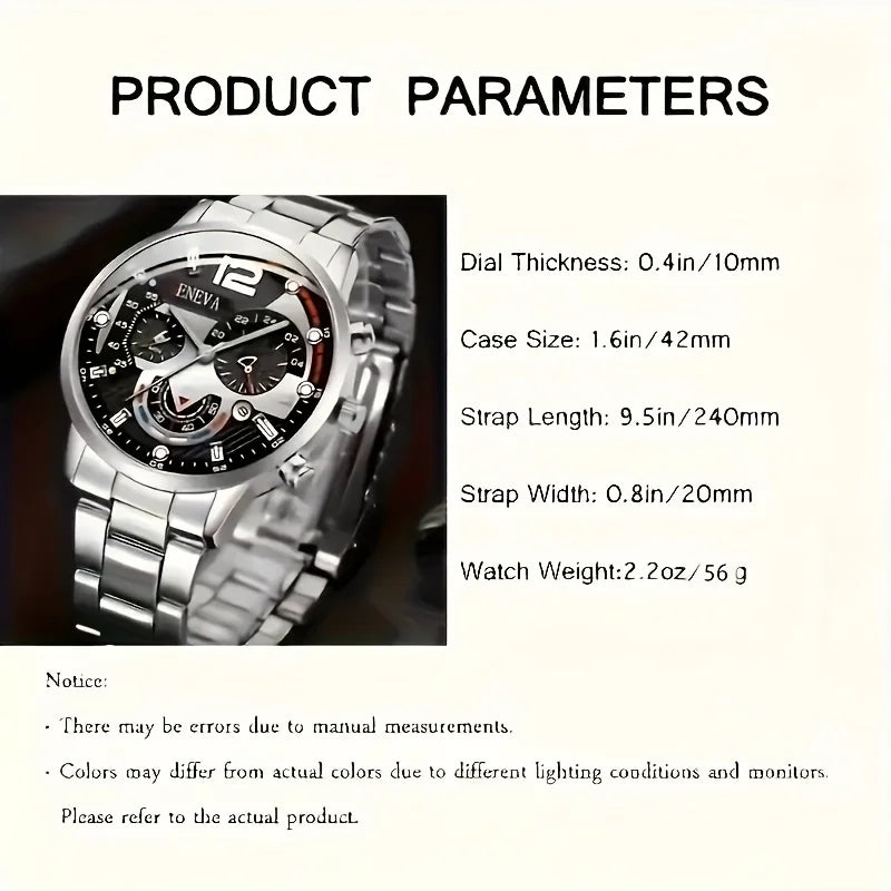 8-piece men's quartz watch set, featuring a black circular dial, bracelet, necklace, and ring