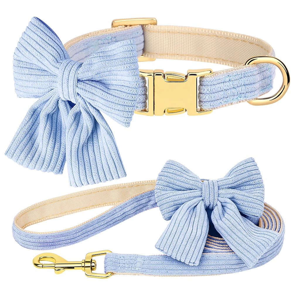 Cute Dog Collar Leash Set With Bowknot Soft Velvet Puppy Dogs Collars Outdoor Pet Walking Lead For Small Medium Dogs Chihuahua