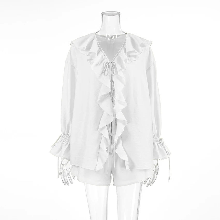 Tornova Women's Ruffled Shorts Sets V Neck Loose Lace Up Shirt Loose Through Sexy Casual Shorts Female Spring New Matching Sets