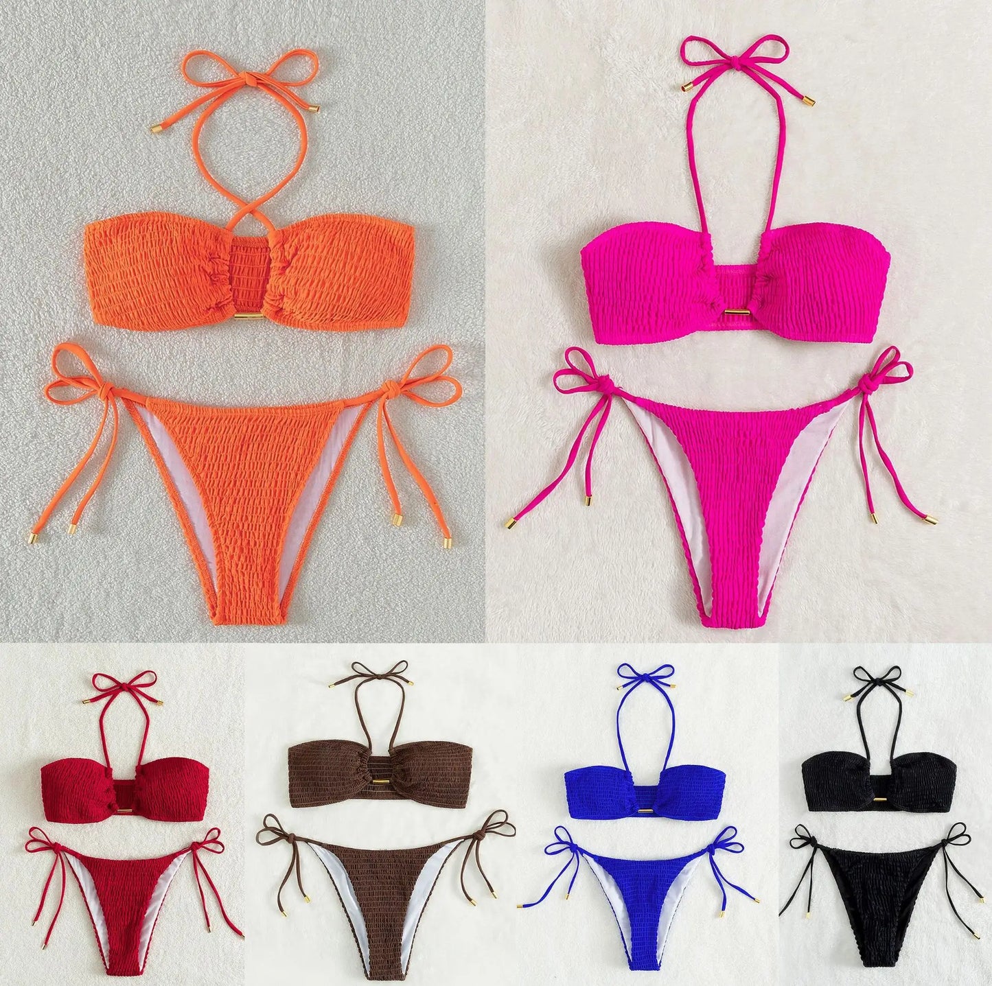 Sexy Triangle Bikini 2026 Women Red Black Ribbed Push Up Micro Swimsuit Cut Out Metal Designer Bathing Suit Knot Thong Swimwear