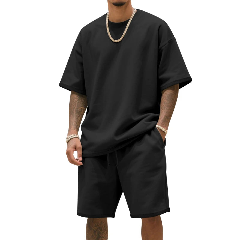 Men's two-piece clothing set, loose round-neck T-shirt and shorts set, casual sportswear, perfect for summer