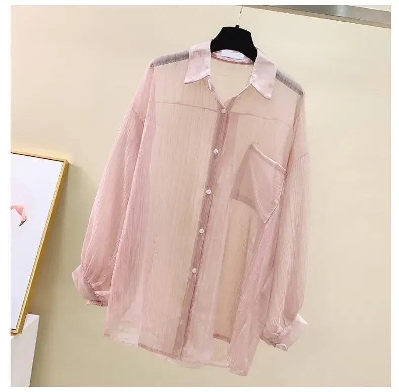 Summer Women's Elegant Chiffon Sunscreen Shirt Korean Harajuku Style See-Through Loose Blouse Thin Perspective Cardigan Yk2 Tops