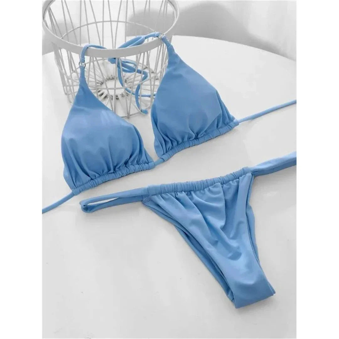 PU Pleated Ruched Bikinis Mini Micro Thong Bikini Women Swimwear Female Swimsuit Two-pieces Bikini Set Halter Bathing Suit Swim