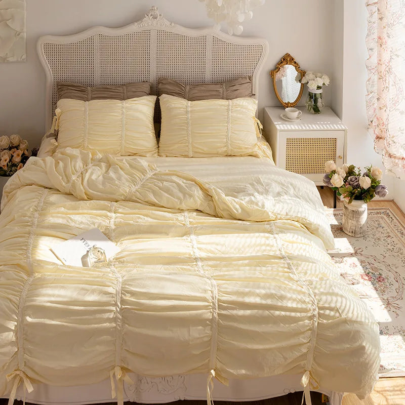 100% Cotton Washed Ruffle Bedding Set White Duvet Cover Set Queen King Size With Bow Ties Ultra Soft Breathable 4Pcs Bedclothes