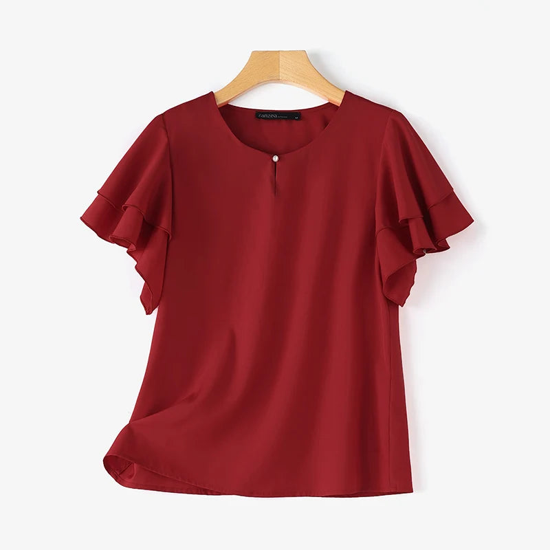 2026 ZANZEA Summer Elegant Short Sleeve Office Blouse Women Shirt Casual Solid OL Work Tops Fashion O Neck Holiday Tunic Mujer