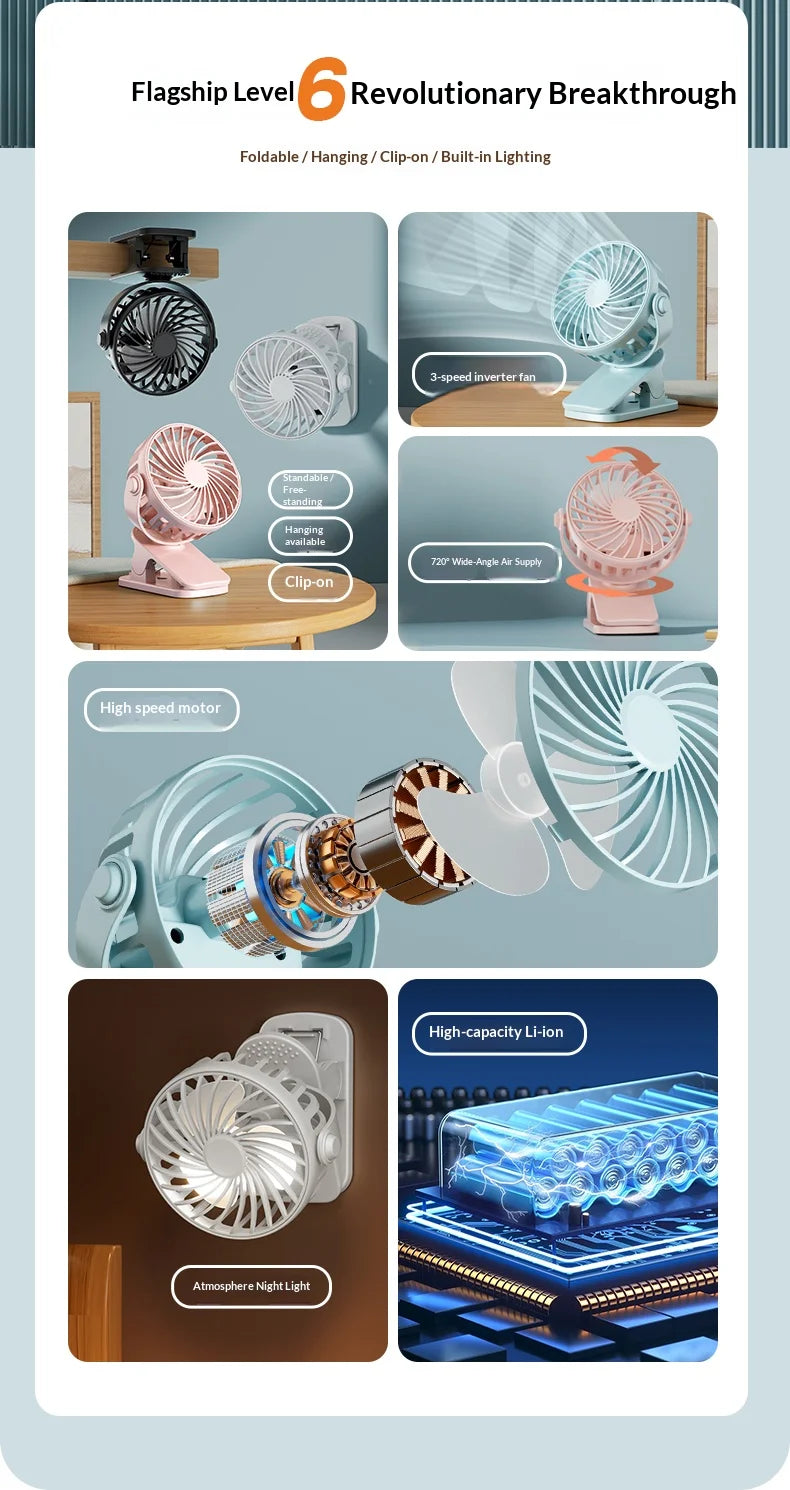 Portable Rechargeable Clip Fan 720° Rotatable Hanging Fan with Night Light Air Cooler for Outdoor Camping Ventilador