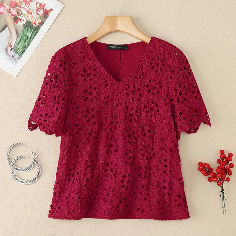 ZANZEA Summer Embroidered Openwork Blouses Women V-Neck Short Sleeve Hollow Out Lace Blusas Mujer Casual Fashion Solid Chemises