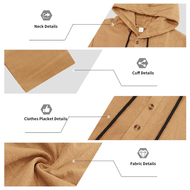 Men's Linen Hooded Sets 2 Piece Outfit Summer Casual Long Sleeve Hoodie and Wide Leg Pants Set for Men