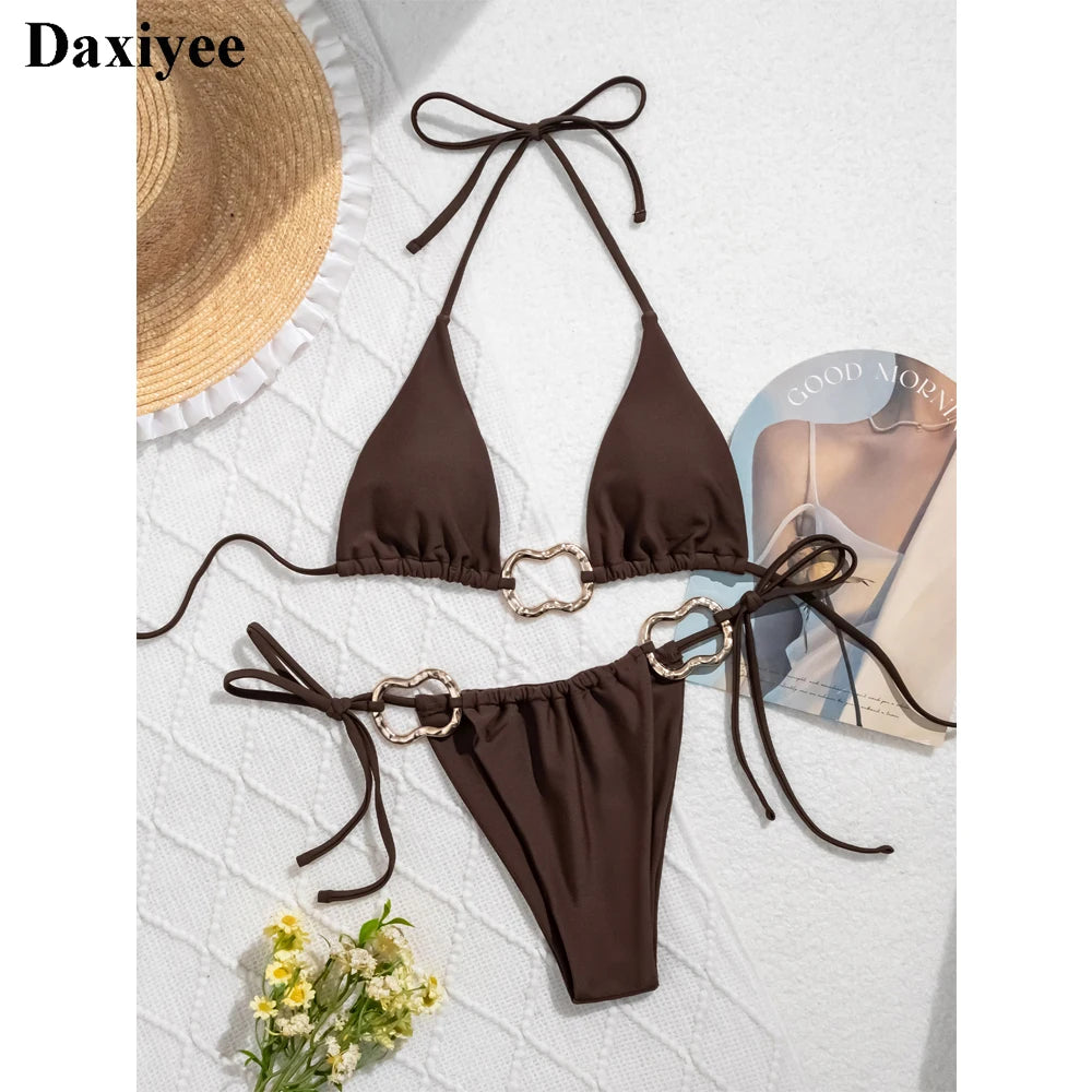 Push Up Halter Bikini Set 2025 New Sexy Metal Linked Women Swimsuit Micro Thong Female Swimwear Bathing Suit Brazilian Beachwear